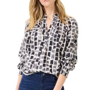 Nic + Zoe Abstract Brushstroke Cotton Blouse Size M NWT Smocked Cuffs